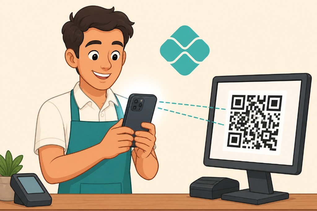 Personagem apontando o celular para o código PIX